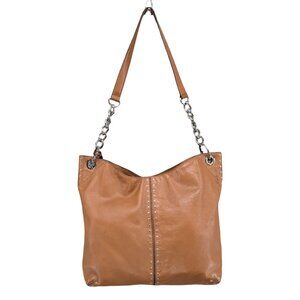 Michael Kors Leather Astor Tote Bag Tan Brown Shoulder Bag 2 Straps Studded 15"